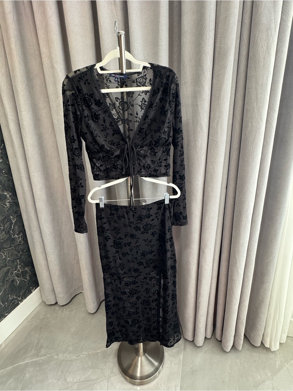 Black Floral Burnout Two-Piece Long Sleeve Dress Set